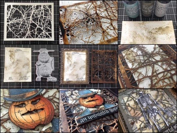 iGirlZoe: Tim Holtz, tangled twigs thinlits die, idea-ology, sizzix, stampers anonymous, ranger ink, mixed media, inventor, halloween, pumpkins, dapper