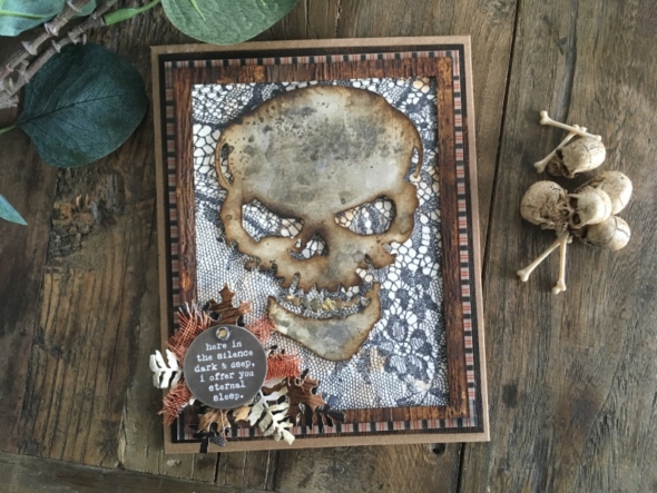 iGirlZoe: Tim Holtz, funky foliage thinlit dies, sinister bigz die, idea-ology, design tape, sizzix, stampers anonymous, ranger ink, mixed media, ornate and lace, halloween, skull, fall, leaves