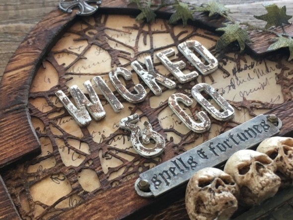 iGirlZoe: Tim Holtz, etcetera tombstone overlay, 3D lumber texture fades, idea-ology, sizzix, stampers anonymous, ranger ink, mixed media, halloween, witches, skulls, paper dolls