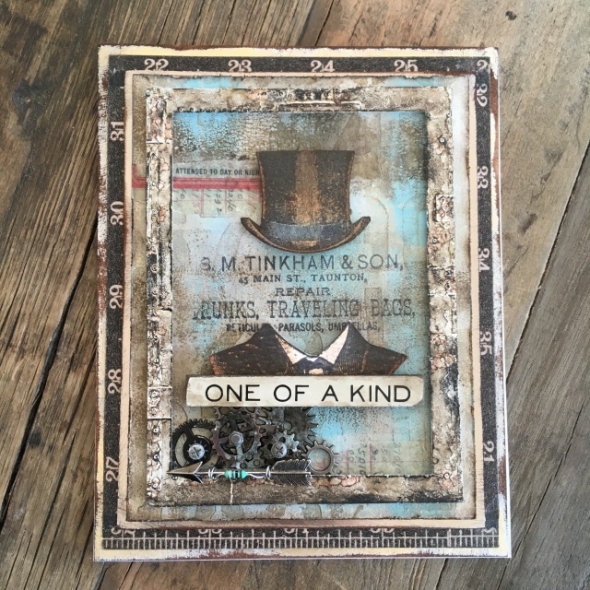 iGirlZoe: Tim Holtz, stampers anonymous, distinguished, stamps, dapper, idea-ology, metallic kraft stock, design tape, steampunk, dapper gentleman, card